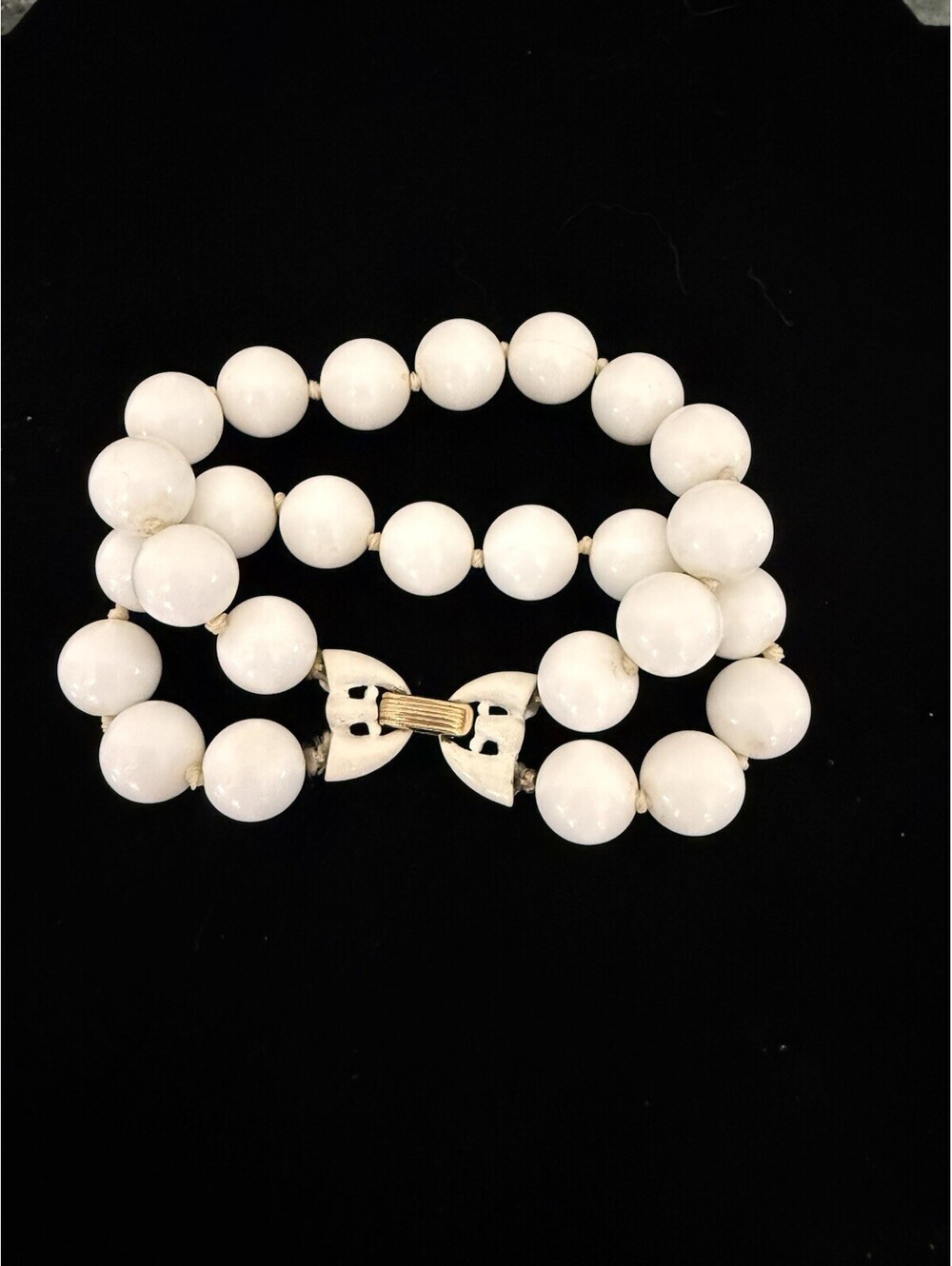 Vintage Crown Trifari White Lucite Bead Double Strand Bracelet 7.5" 1950-60’s